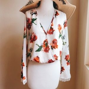 Floral Cropped Top with Bell Lace Sleeve